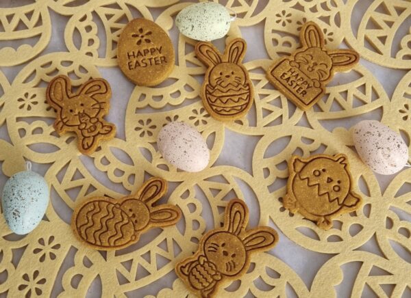 Easter dog treats UK bunny shaped biscuits with decorative eggs peanut butter