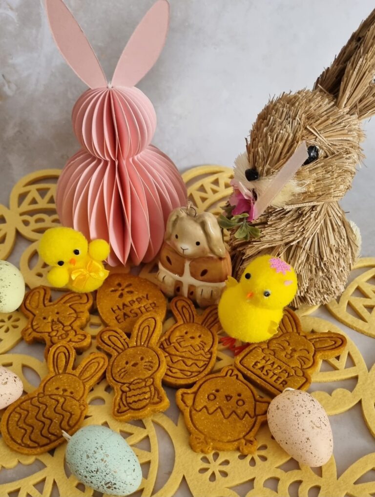 Easter dog biscuits UK bunny egg shapes with decorative chicks peanut butter treats